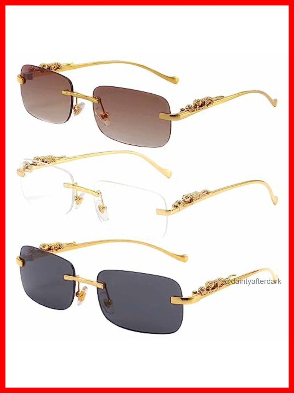 Rimless Rectangle Sunglasses UV400 Retro Leopard Metal Temples One Size